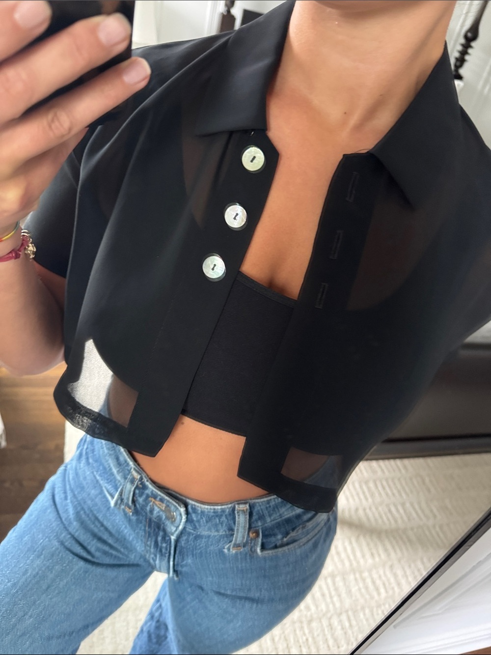 Donna Ricco Black Cropped Sheer Button-Up Top